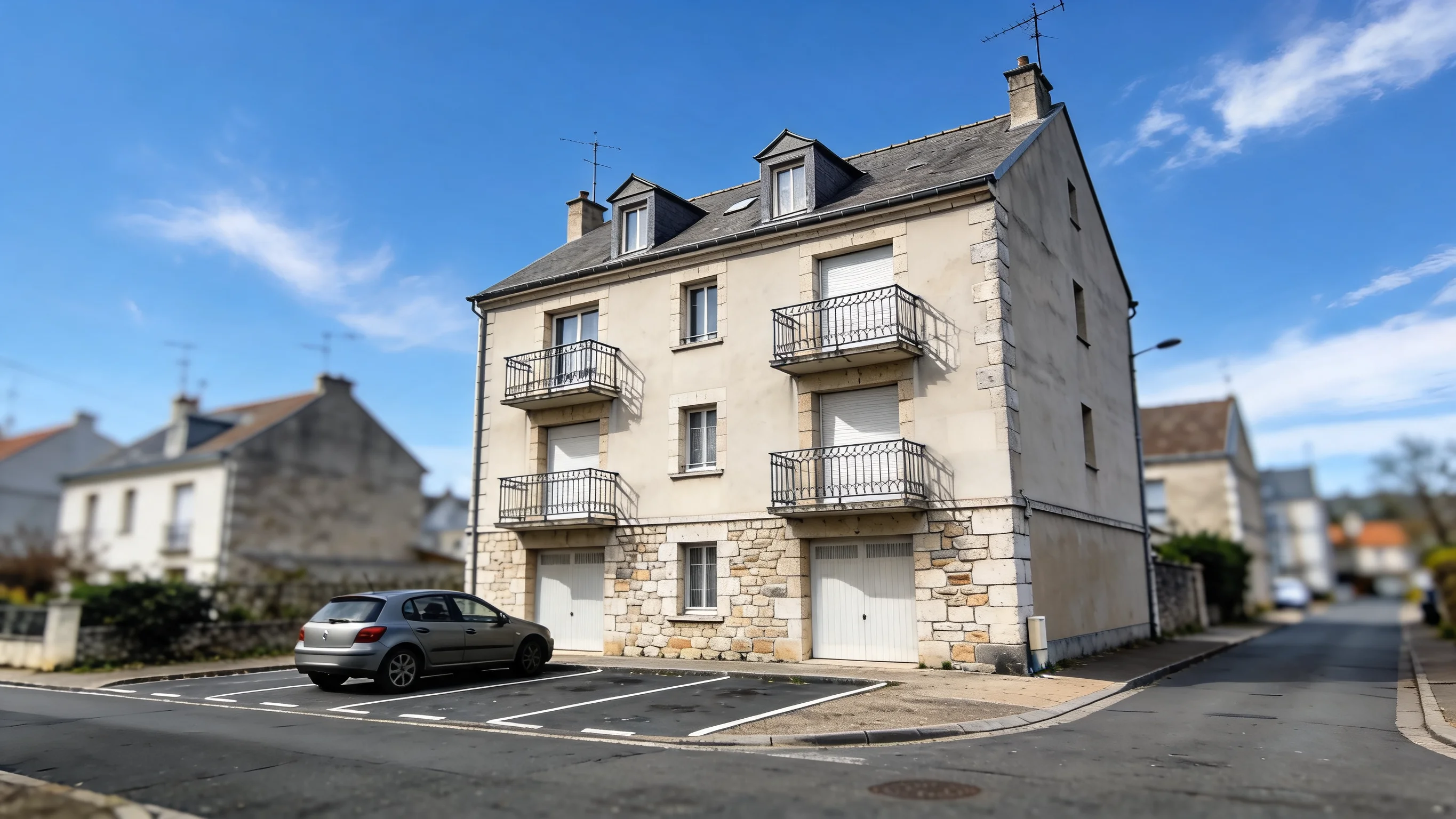 Façade immeuble avec ciel bleu et plaques d'immatriculation anonymisées par IA